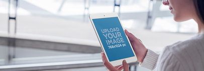 Mockup of a Young Woman Using a White iPad Mini