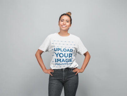 Round Neck Tee Mockup of a Smiling Woman in a Studio