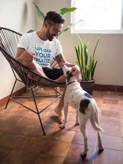 Crewneck Tee Mockup of a Bearded Man Petting His Dog on an Acapulco Chair