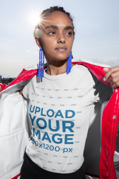 Tee Mockup of a Woman with Trendy Blue Earrings and a Bright Red Jacket 21815