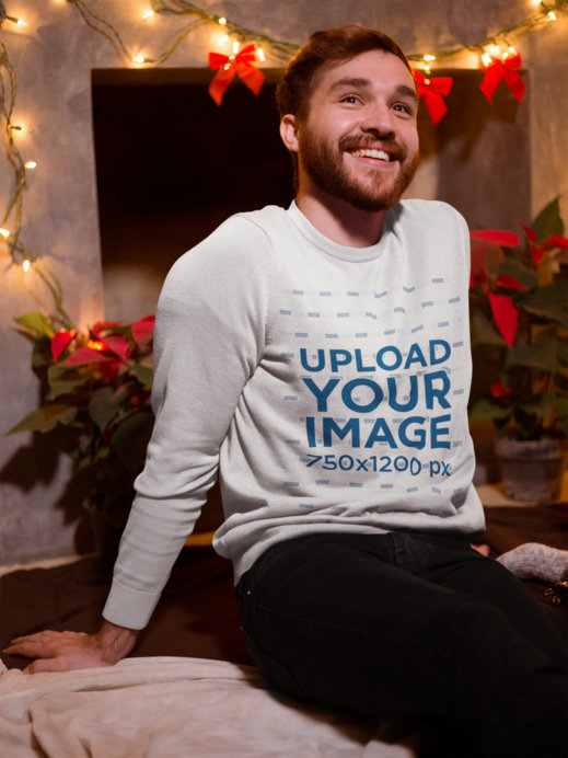 Ugly Xmas Sweater Mockup Featuring a Smiling Man Celebrating the Holidays