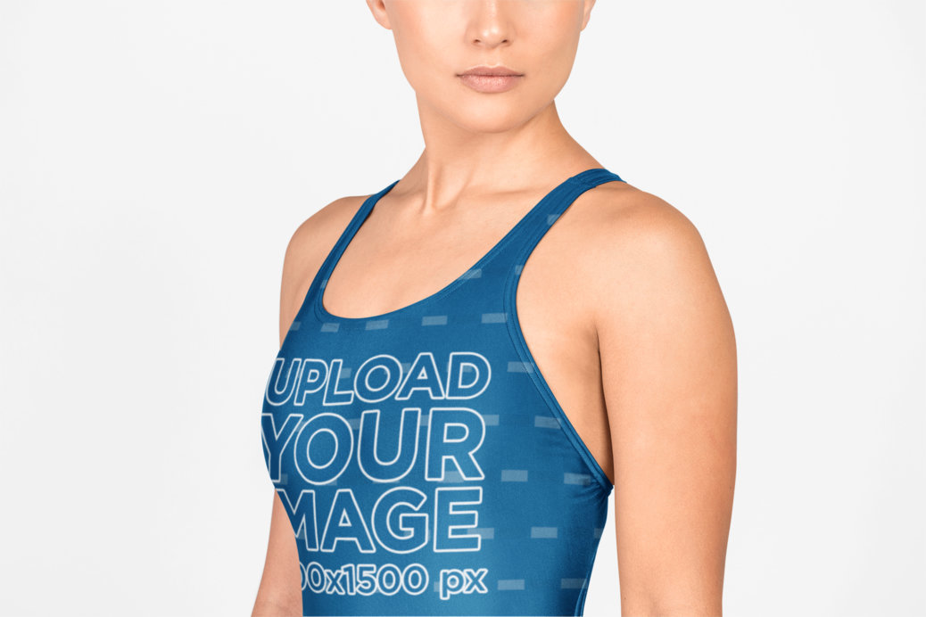 Closeup Mockup of a Woman Wearing a Swimsuit in a Studio