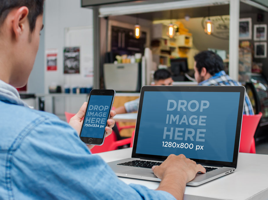 iPhone and Macbook Mockup of a Young Man at the Cafeteria