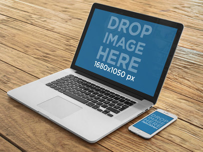 Macbook Pro and iPhone 7 Over a Wooden Desk Mockup Template