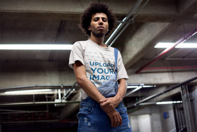 T-Shirt Mockup Featuring a Man with Afro Hair Looking down in an Underground Parking Lot 18075