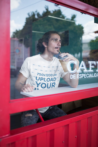Tee Mockup of a Man Drinking Iced Coffee