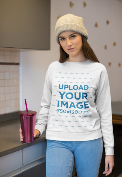 Sweatshirt Mockup of a Trendy Woman Wearing Warm Clothes Indoors 23207
