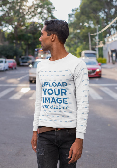 Long Sleeve Tee Mockup of a Man Looking Over his Shoulder on the Street
