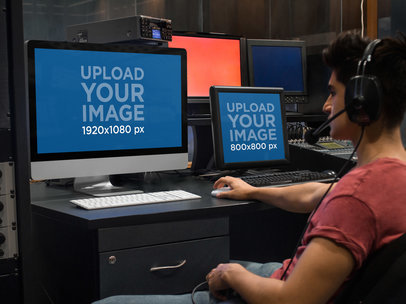 iMac and PC Mockup Of a Young Man at a Recording Studio