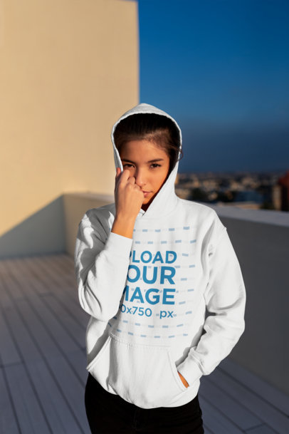 Pullover Hoodie Mockup of a Beautiful Young Woman on the Rooftop