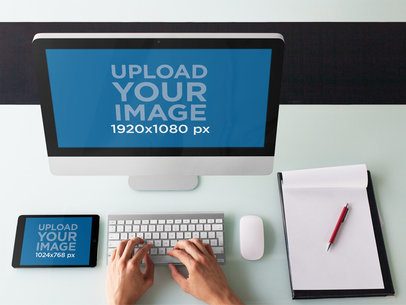 iMac and iPad on Top of a White Desk Mockup