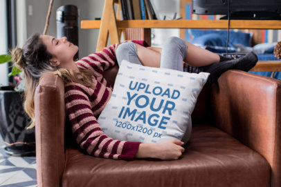 Pillow Mockup of a Woman Relaxing on Her Couch 23581