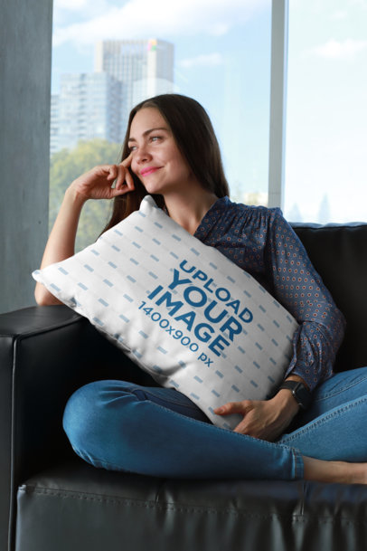 Pillow Mockup of a Happy Woman Sitting on a Leather Couch  23614