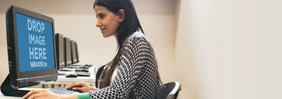 Mockup of a Young Lady Doing Research on a Desktop