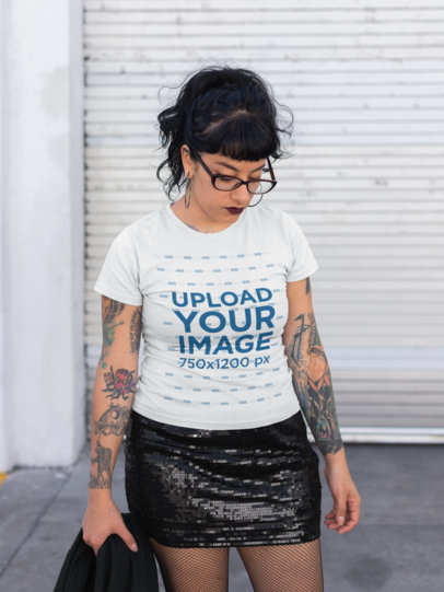 T-Shirt Mockup of a Punk Woman Outside a Closed Store