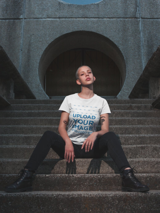 Mockup of a Trendy Woman with Tattoos Wearing a T-Shirt on Street Stairs