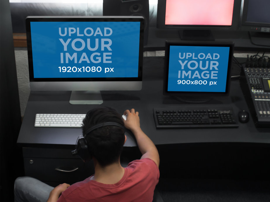 iMac and PC Mockup Template at a Recording Studio