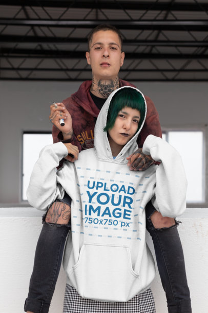 Hoodie Mockup of a Goth Woman with Green Hair Hanging out with Her Boyfriend 23452