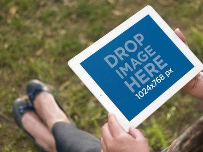 Woman Sitting White iPad Park