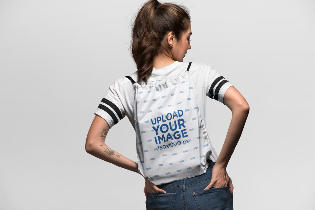 Drawstring Bag Mockup of a Woman in Back View