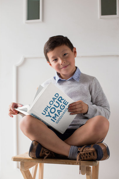 Mockup of a Young Boy Sitting With His Legs Crossed Reading a Book 23724