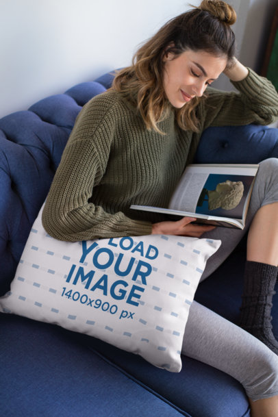 Pillow Mockup of a Woman Reading a Book 23576