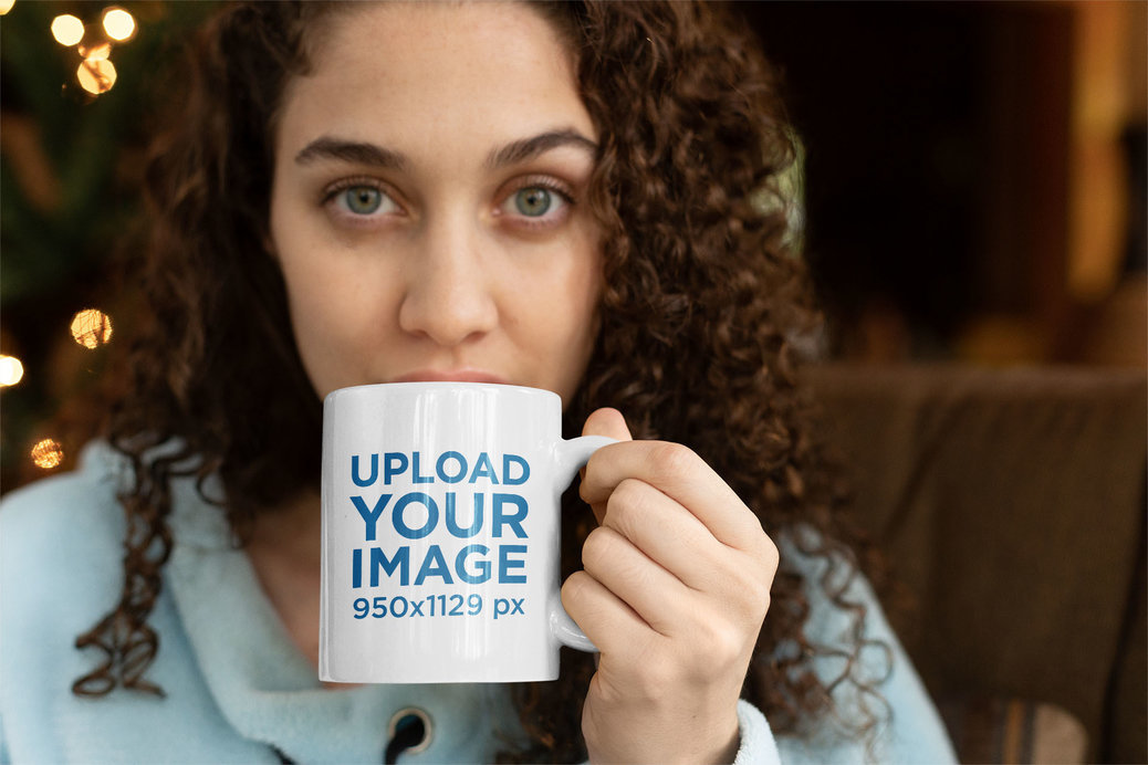 Coffee Mug Mockup with a Beautiful Young Woman Taking a Sip