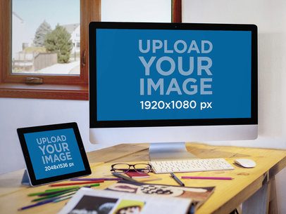 Mockup of an iMac and an iPad at a Design Studio 