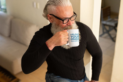 Mockup of a Senior Man Drinking from His 15 oz Coffee Mug