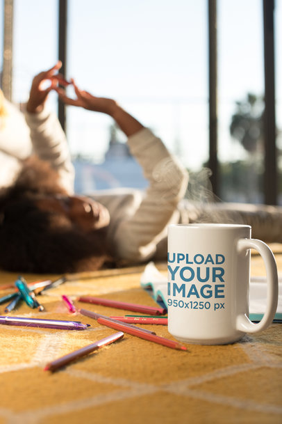 Hot Chocolate Mug Mockup Featuring a Girl and Color Pencils 24011