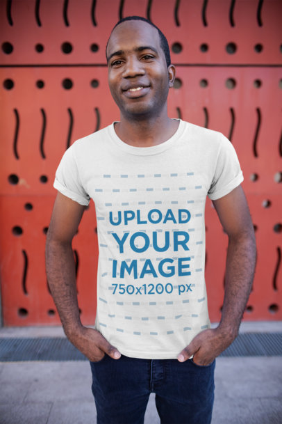 Tshirt Mockup Featuring a Man Against a Red Metal Wall 24070