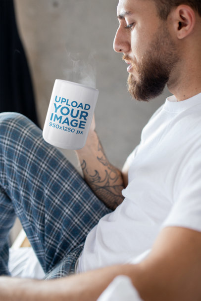 15 oz Mug Mockup Featuring a Man Drinking Coffee in His Pajamas