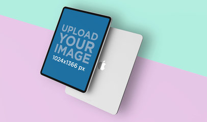 Render Mockup Featuring an iPad Pro Floating Against a Bicolor Surface 24462