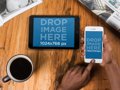 Mockup of a Man Using an iPad and an iPhone 7 While Having Coffee 