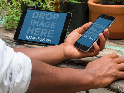 iPad Mini and iPhone 6 Mockup Template of a Young Man at the Garden