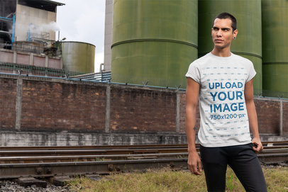 Mockup of a Man Wearing a T-Shirt in an Industrial Zone
