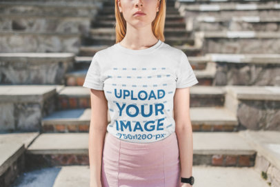 Mockup of a Woman Wearing a Tee in Front of Stone Steps