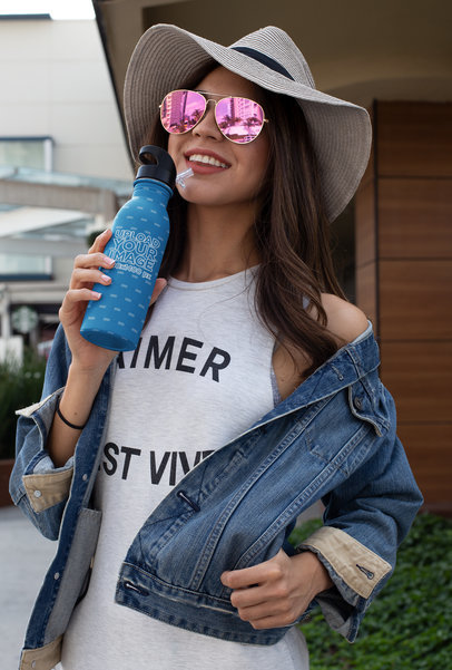 Aluminum Water Bottle Mockup Featuring a Girl with Sunglasses and a Sun Hat 24420