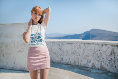 Mockup of a Young Woman Wearing a Tee and a Light Pink Skirt Outdoor 20133