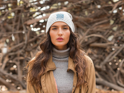 Beanie Mockup of a Young Woman Wearing a Turtleneck Sweater 24602