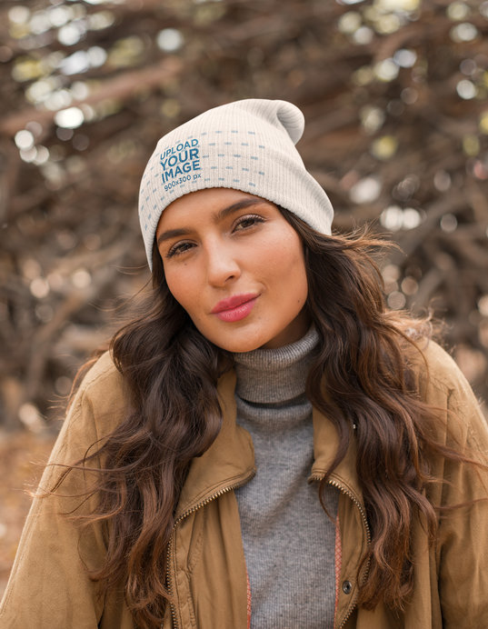 Mockup of a Beautiful Woman Wearing a Beanie in Winter