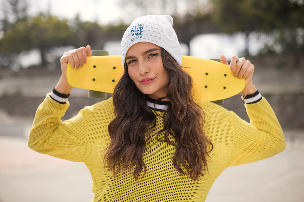 Beanie Mockup of a Gorgeous Skater Woman