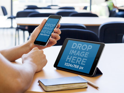 Female Student at a Library Using an iPhone 6 and an iPad Mockup