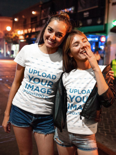 Mockup of Two Friends Wearing Tshirts and Denim Shorts at Night 17972