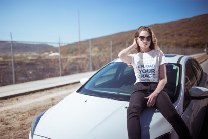 Round Neck Tee Mockup of a Stylish Woman Posing on a Car