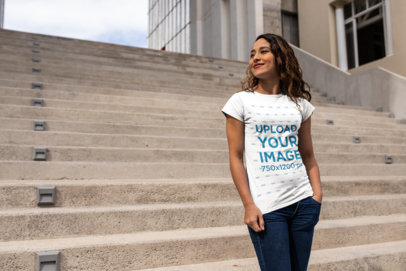 Urban Mockup Featuring a Beautiful Woman Wearing a T-Shirt on a Stairway