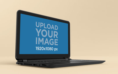 Mockup of a Black Laptop Standing on a Solid Color Room