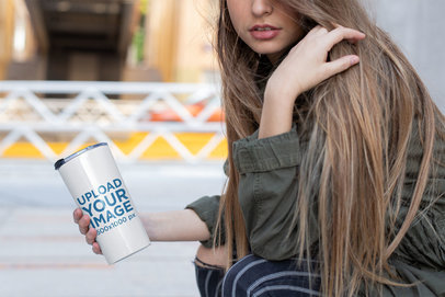Tumbler Mockup of a Woman on the Street