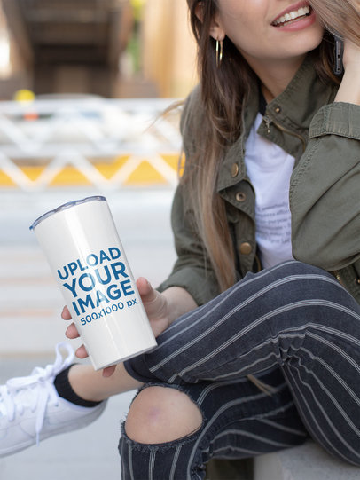 Travel Mug Mockup of a Girl Talking on Her Phone 24340