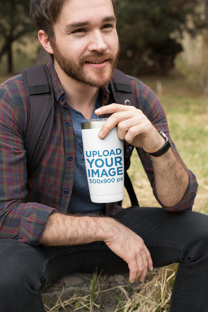 Travel Mug Mockup of a Man Outdoors